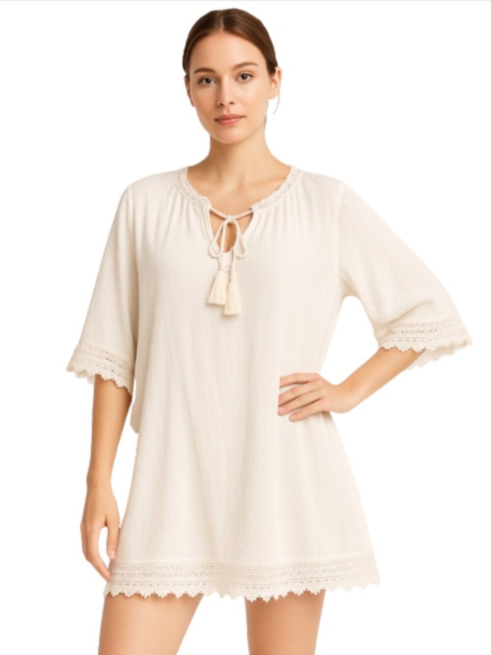 New CUPSHE Small White Swimsuit Cover-up V-Neck Short Sleeve Lace Trim Scalloped